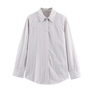 Blusa A Righe A Maniche Lunghe In Popeline Di Poliestere Camicia Con Spalline Bottoni Revers Ufficio Chic Per Donna