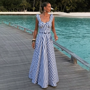 Blue and white striped maxi dress with ruffled straps and sweetheart neckline for vacation