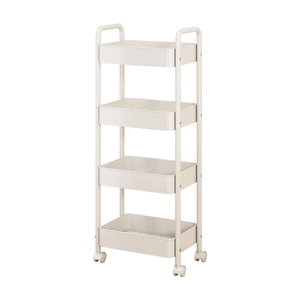 White 4-tier rolling kitchen cart with mesh baskets and swivel wheels on white background