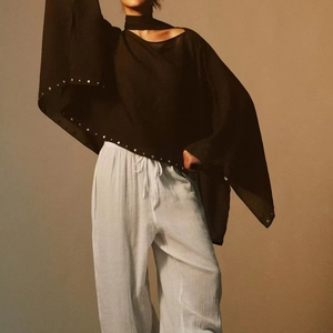 Women Bohemian Loose Batwing Sleeve Blouse Halter Tie Neck Rivet Cape Top Solid Color Polyester