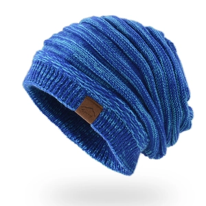 Unisex knitted beanie in blue marl fabric featuring a brown leather 'Sport' patch label