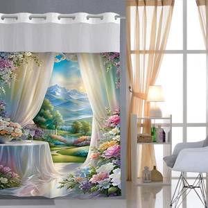 Detail showing high-quality digital print landscape on waterproof polyester shower curtain