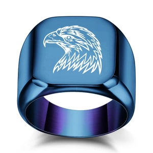 Deep blue square signet ring for men with laser-engraved eagle head and gradient inner band