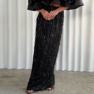 Gonna Maxi Elegante Con Paillettes E Nappe Donna Poliestere Vita Alta Scintillante Frange Festa Serale Gonna Lunga