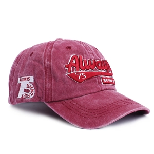 Vintage burgundy washed baseball cap with Always '75 embroidery shown at 45-degree angle