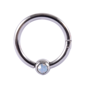 Silver captive bead ring with sparkling water drop opal gemstone on white background