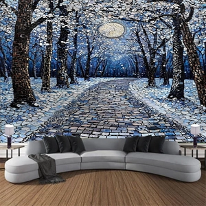 Modern living room wall featuring mosaic forest night landscape with moonlit path decor