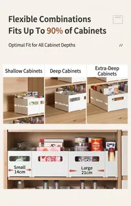 Detailed view of various white kitchen organizers with handle cutouts and multiple sizes
