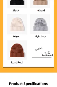 Detailed grid of thick knit beanies in black, khaki, beige, light gray, and rust red