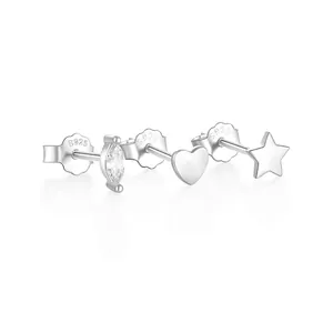 Three-piece S925 sterling silver stud earring set with heart, star and zircon designs