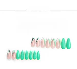 Set of 24 almond press-on nails featuring green french tips and leopard print designs