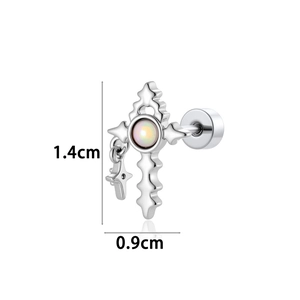 Titanium steel cross earring with opal stone and measurements showing 1.4cm length