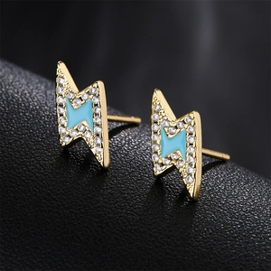 Orecchini a forma di fulmine in oro con smalto celeste e zirconi scintillanti per donna