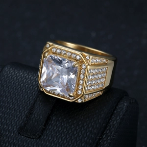 Luxury gold plated stainless steel square ring with 3A zircon pavé setting for men