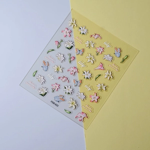 Detail of 5D lily flower and blue butterfly embossed nail art stickers FEB-622