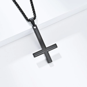 Matte black inverted cross pendant necklace for men with matching bead box chain