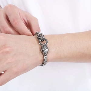 Vintage silver steel chain bracelet with double dragon heads for men on wrist