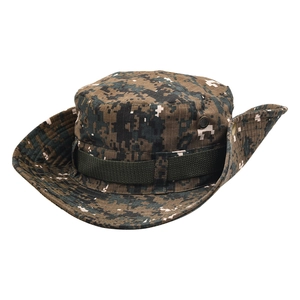 Detail of digital camo boonie hat featuring wide brim and metal side ventilation eyelets