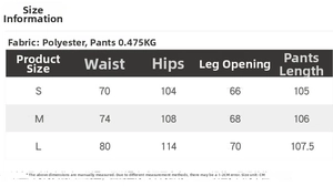 Detailed size chart for hooded bomber jacket and wide leg pants set with measurements in cm