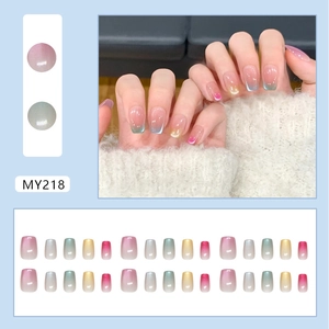 Rainbow cat eye press-on nails with multi-color gradient shimmer, model MY218