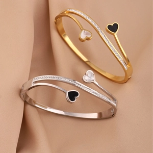 Stainless Steel Heart Bangle Bracelet Double Heart Motif Zircon Inlaid Black White Enamel Elegant Fashion Women Jewelry