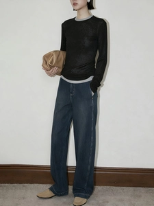 Detail of black long-sleeve knit top with textured bamboo pattern for layering outfits