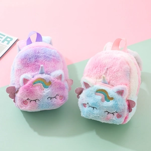 Cute gradient unicorn plush backpack for girls with embroidered eyes and glitter horn