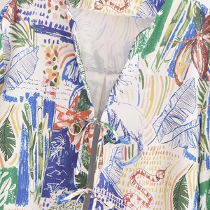 Women's V-neck loose blouse with colorful graffiti print and stylish tie closure