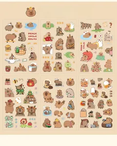 Set of 6 cute Capybara waterproof PET stickers featuring various relaxing lifestyle scenes