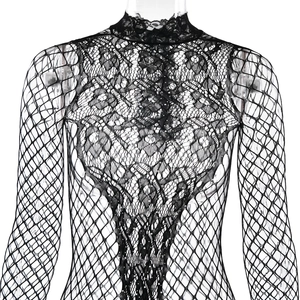 Close-up of black fishnet sheer bodysuit with sparkling rhinestone accents for women