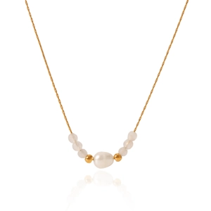 Detail of French vintage baroque pearl necklace with gold beads on stainless steel chain