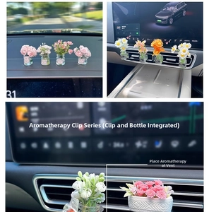 Detail of car vent clip air freshener with artificial jasmine and daisy in glass bottle