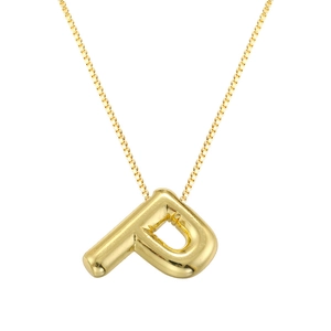 Detailed view of polished gold 3D puffy balloon initial P pendant with box chain