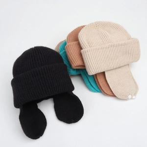 Winter knitted earflap beanie for kids in black, beige, coffee, and teal blue colors