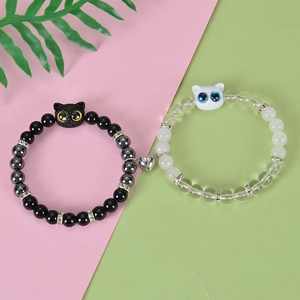 Magnetic Heart Attraction Cat Bracelets Obsidian White Jade Resin Beaded Jewelry For Couples Friends Cute Cartoon