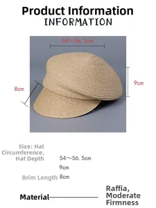 Detailed size specifications for raffia newsboy cap with dimensions and measurements