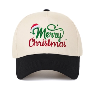 Retro five-panel Christmas trucker hat with Merry Christmas embroidery and color block design