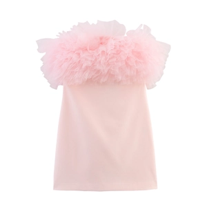 Vestito Rosa In Tulle Senza Spalline Tubino In Rete A Strati Mini Abito Da Festa Aderente Per Donna