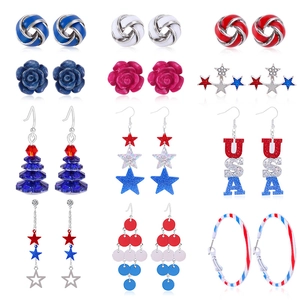 Set of 12 patriotic USA Independence Day earrings in red white and blue enamel designs