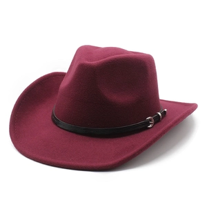 Detail of burgundy wool fedora hat featuring a black leather belt and silver buckle