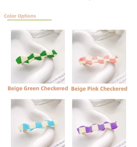 Detail of wavy checkerboard hair clips in green, pink, blue and purple pastel colors