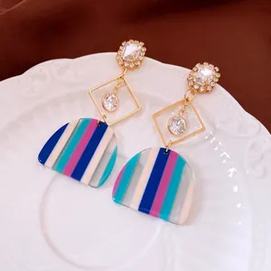 Luxury geometric tassel earrings with colorful striped acrylic and zircon stones