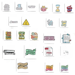 Detailed size chart showing weight and dimensions for 22 unique metal quote lapel pins