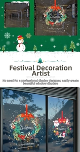 Close-up of Christmas window stickers featuring snowman and reindeer on glass display