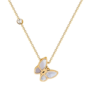 Gold butterfly pendant necklace with mother of pearl inlay and crystal accent on chain