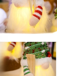 Detail of a glowing Christmas gnome with warm LED light, green knit hat and plush beard