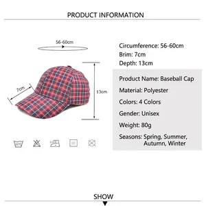 Plaid polyester baseball cap in red blue white pattern with adjustable dimensions