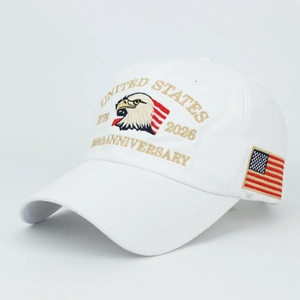 Detail of USA 250th Anniversary white baseball cap with premium eagle embroidery