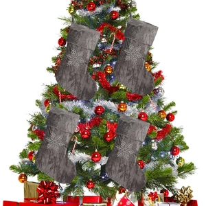 Set of 4 grey velvet Christmas stockings with white snowflake embroidery for tree decor