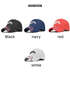 Color display of baseball caps featuring 3D fish embroidery in black navy red and white